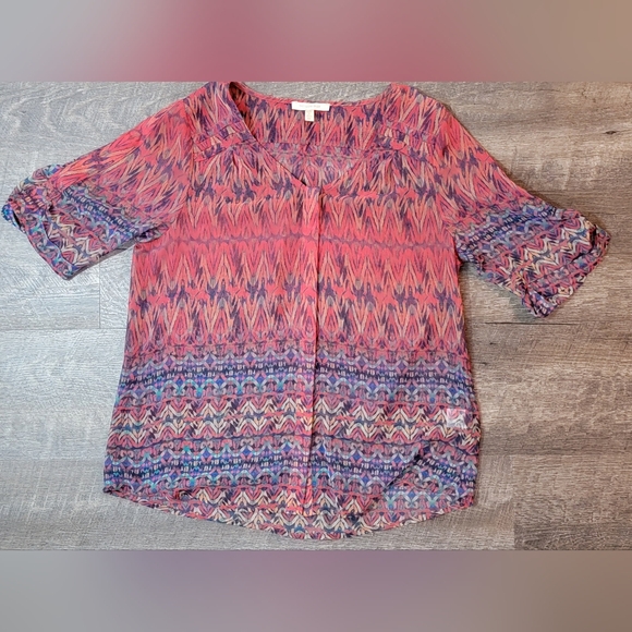 Skies are Blue Sheer Blouse Women's S Petie Multi-colored Abstract Short Sleeved - Picture 5 of 12